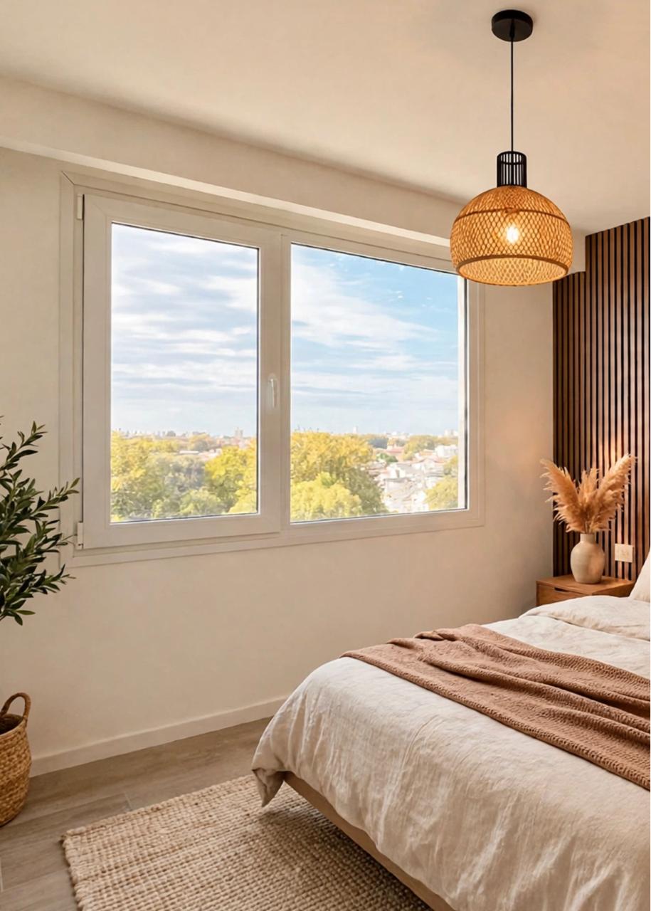 Dormitorio luminoso con ventana blanca de PVC